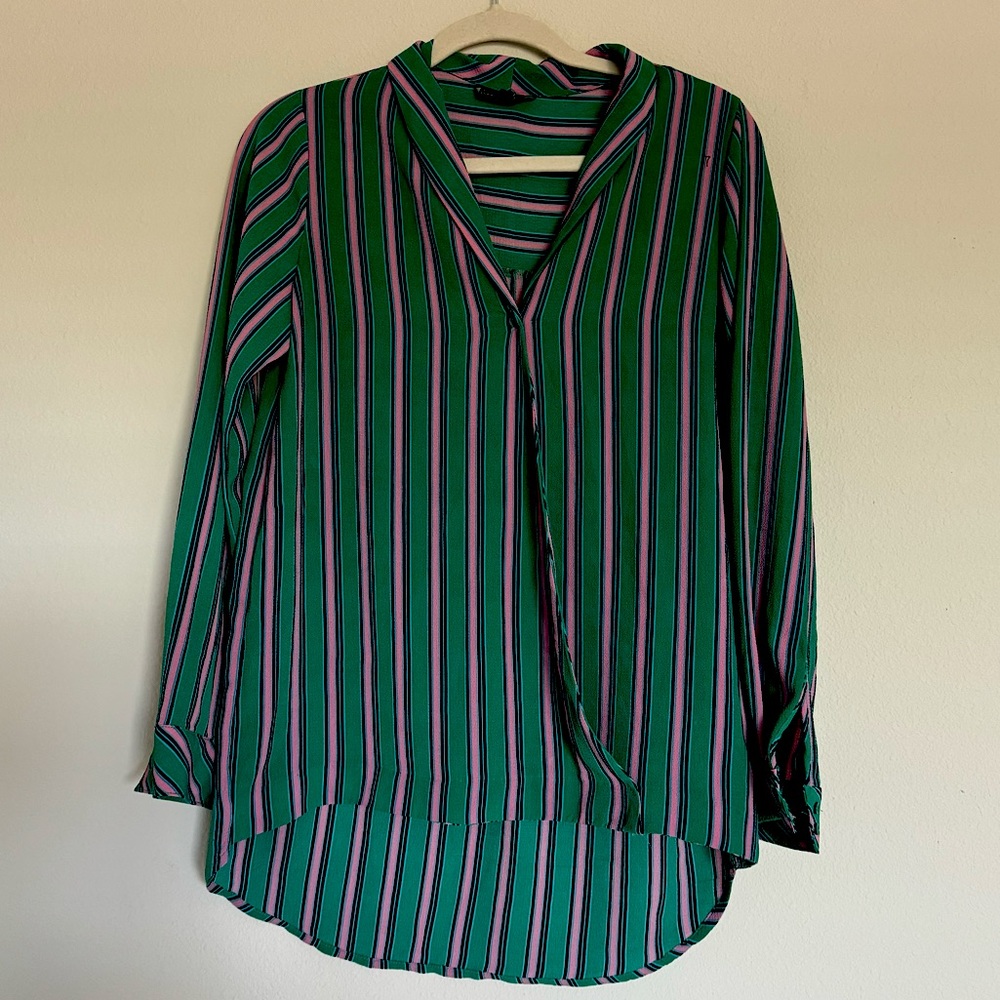 Green and Pink Striped Blouse Shirt Women’s Small